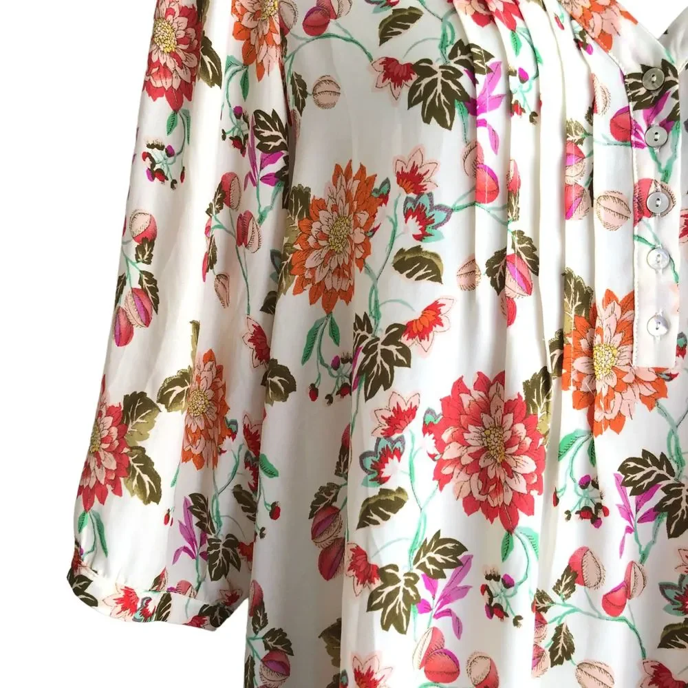 Rose + Olive Women's Peasant Blouse Plus 1X Floral Boho Pleated Chiffon 3/4 Slv - Picture 8 of 9